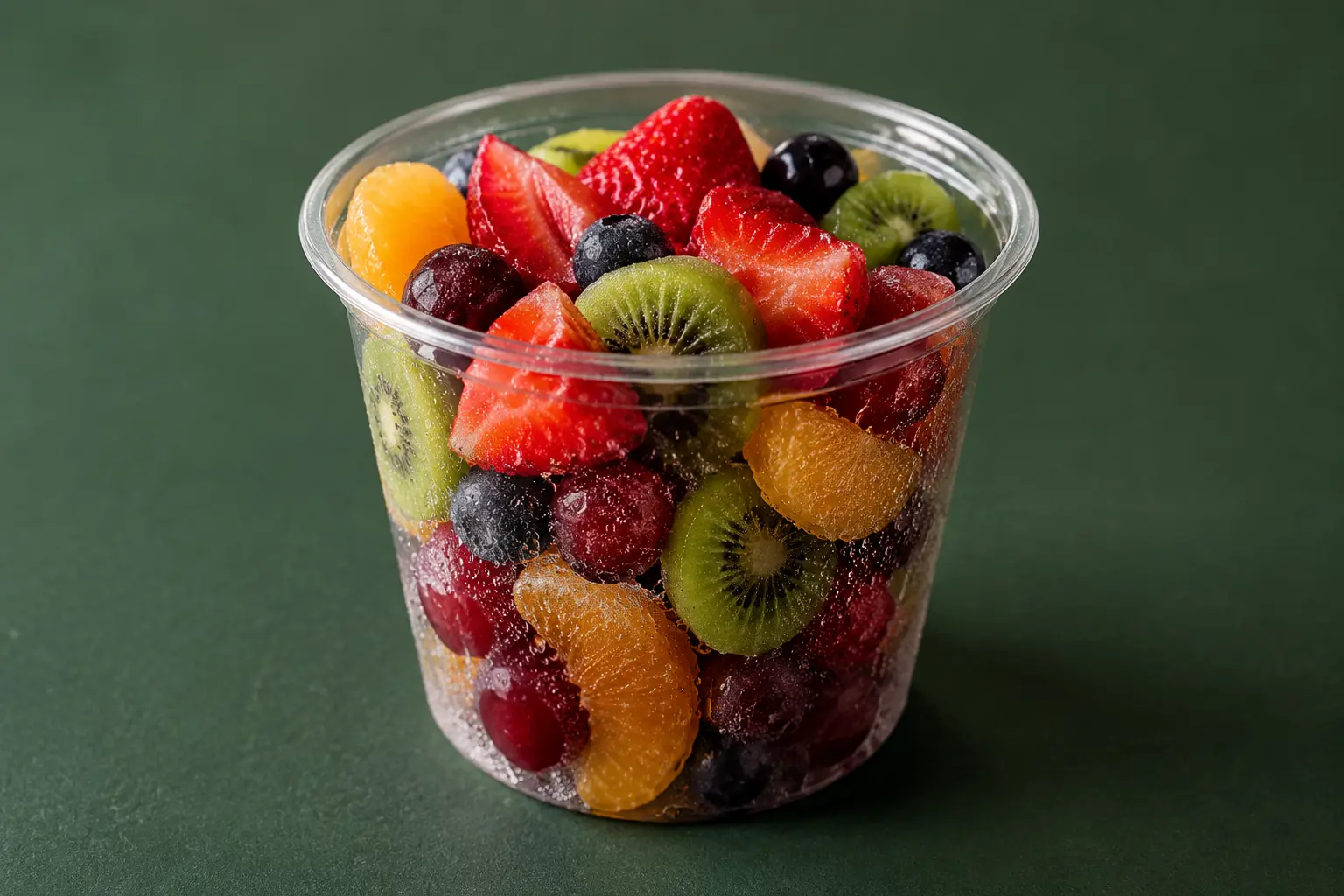 Unbranded clear fruit cup with natural fruit and condensation