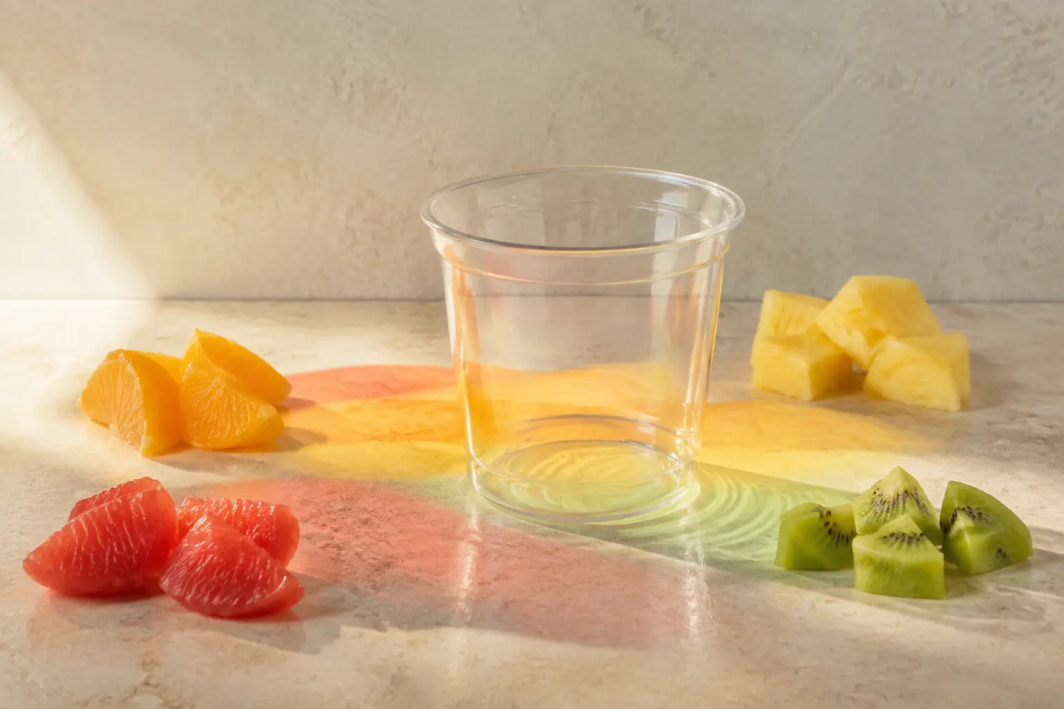 Empty clear cup surrounded by real fruit and bands of coloured light